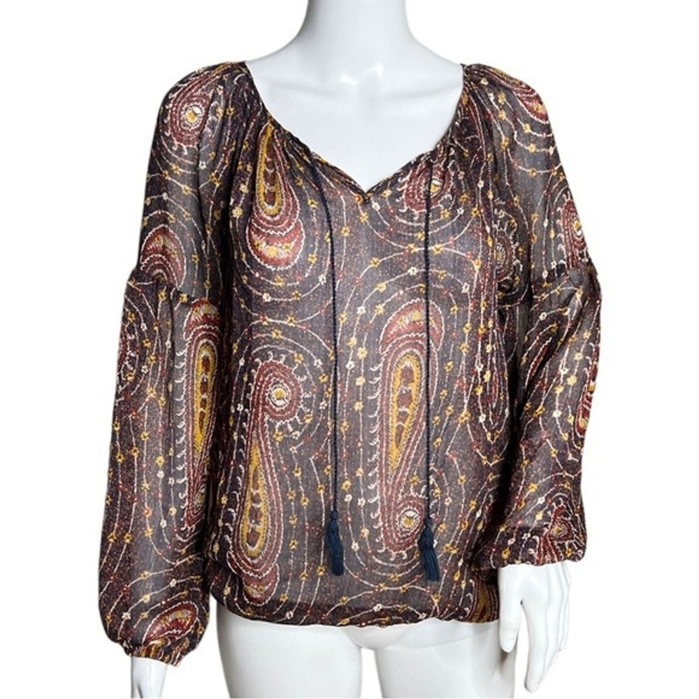 Lucky Brand Shirt Womens Small Brown Red Paisley Sheer Tassels Bohemian Peasant